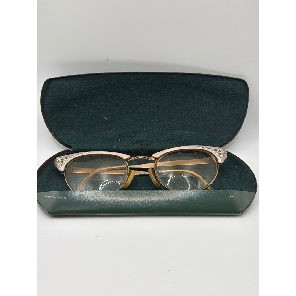 Vintage Rose Gold 1/10 12K RGP Aluminum Cat Eye Glasses Floral Engraved 46-20